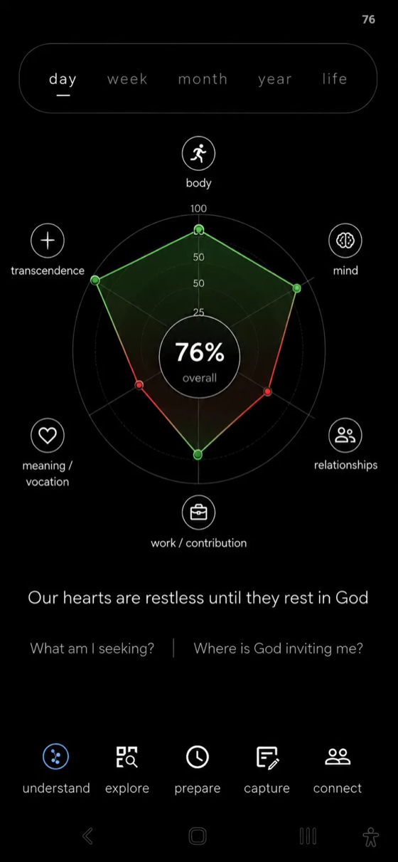 The understand screen: six areas of a life &mdash; body, mind, relationships, work, meaning and transcendence &mdash; drawn as one shape, with a day/week/month/year/life scale above it.