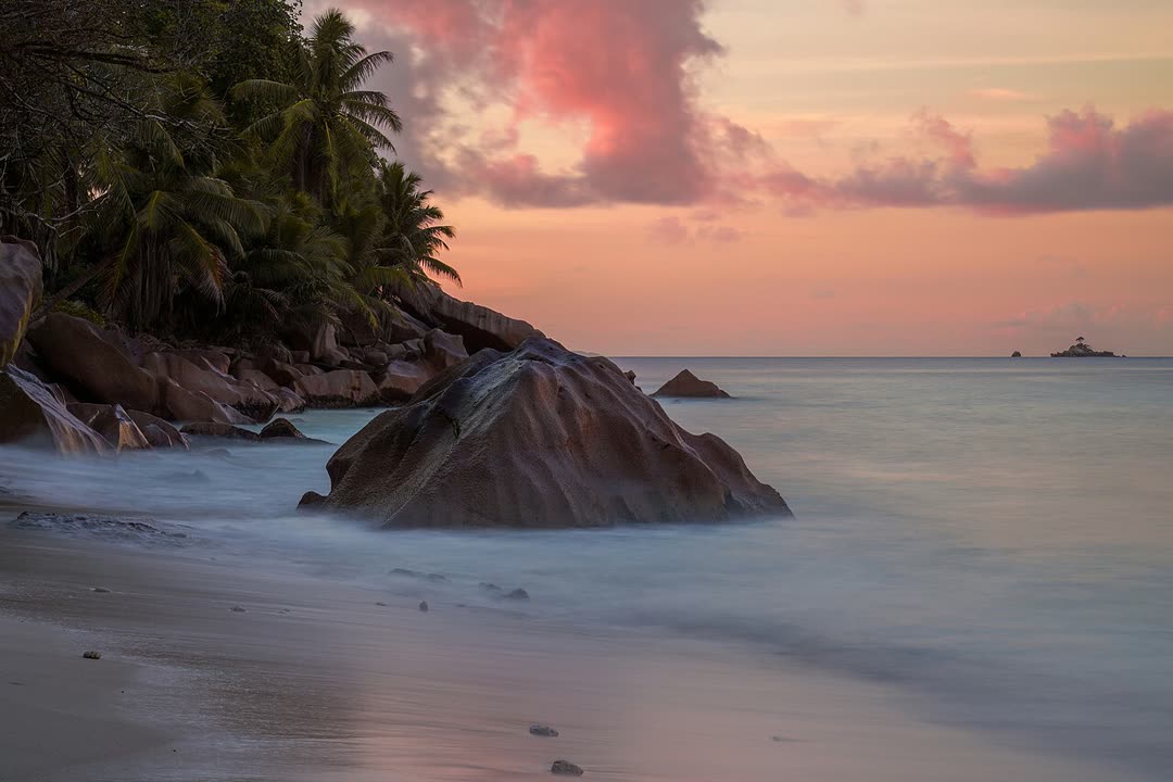 Sunset over a quiet shore with rocks and palms