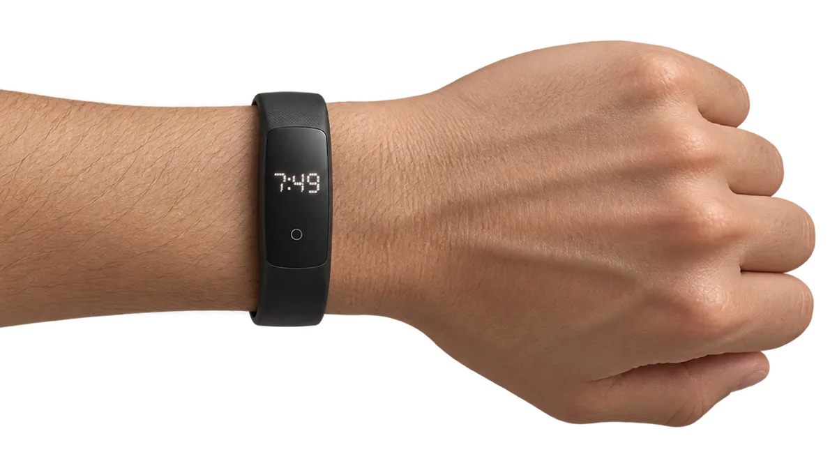 A slim black band on a wrist, its small display showing the time
